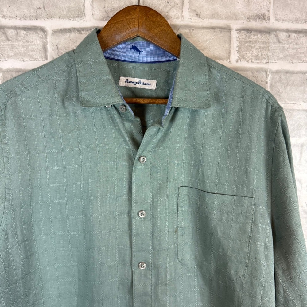 Tommy Bahama Mens Medium Sage Green Textured Grid Long Sleeve Button Down Shirt